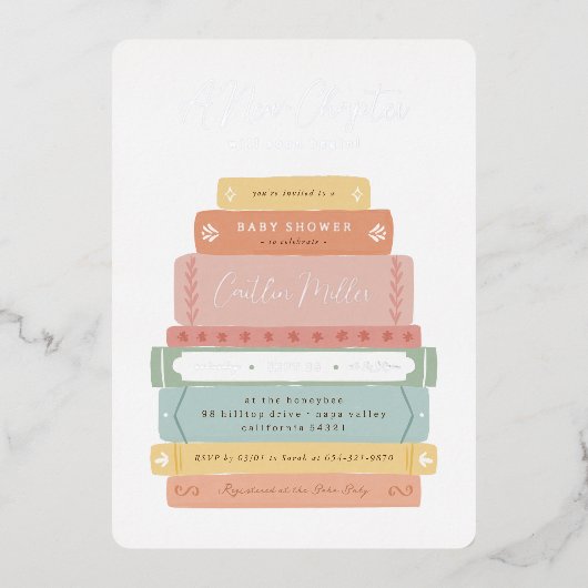新しいチャプターの光沢 |かわいいストーリーブックベビーシャワー 箔招待状 (正面)