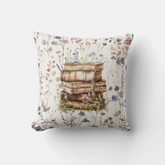 新しいチャプターの水色、本の山の花 クッション (正面)