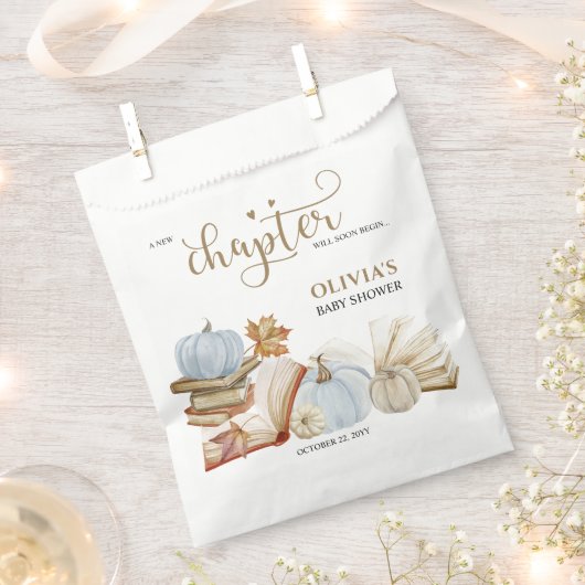 新しいチャプターテーマブルーパンプキンベビーシャワー フェイバーバッグ (クリップ留めされた状態)