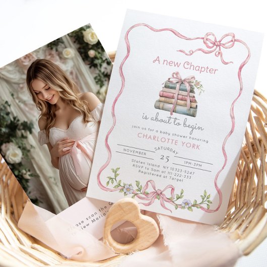 新しいチャプターピンクボウ写真QRコードベビーシャワー 招待状
