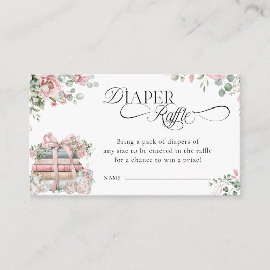 新しいチャプターピンクボウ赤ちゃんシャワーおむつラッフル エンクロージャーカード (正面)