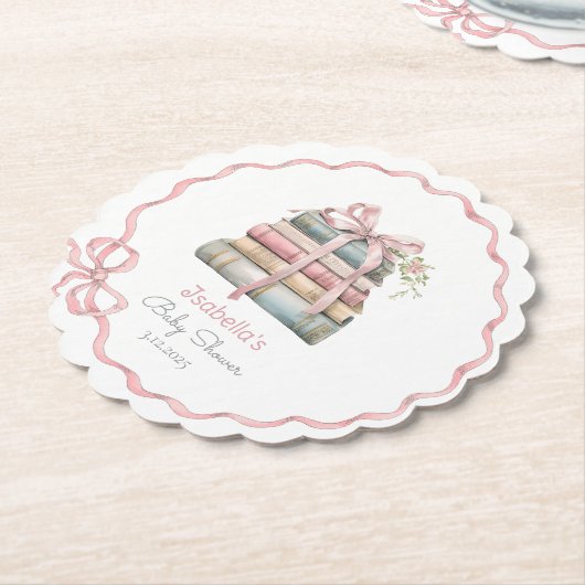 新しいチャプターピンクリボンボーガールベイビーシャワー ペーパーコースター (アングル)