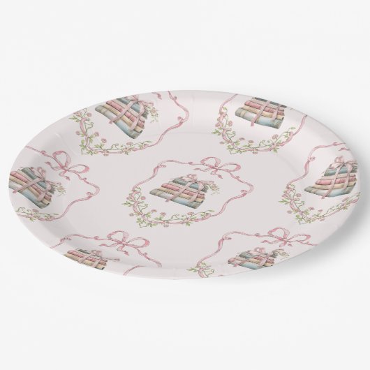 新しいチャプターピンクリボン弓ヴィンテージ赤ちゃんシャワー ペーパープレート (アングル)