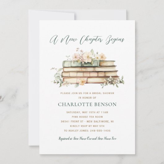 新しいチャプターフローラブックをテーマにしたブライダルシャワー 招待状 (正面)