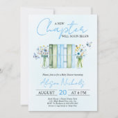 新しいチャプター始まるブックボーイ青い赤ちゃんシャワー 招待状 (正面)