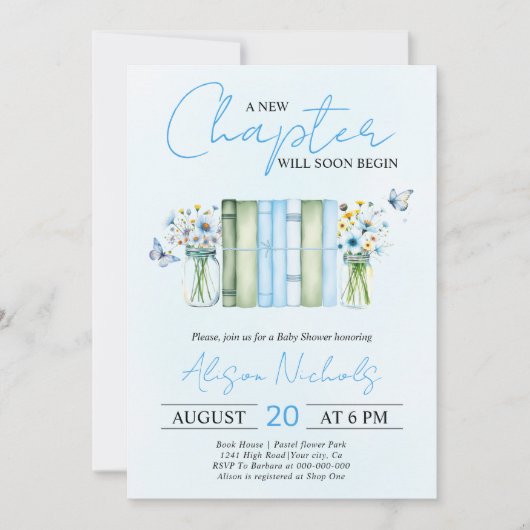 新しいチャプター始まるブックボーイ青い赤ちゃんシャワー 招待状 (正面)