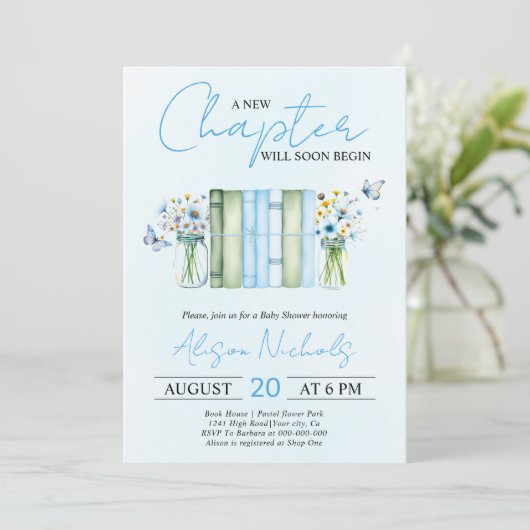 新しいチャプター始まるブックボーイ青い赤ちゃんシャワー 招待状 (スタンド正面)