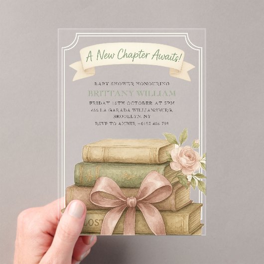 新しいチャプター待ちピンクボウ赤ちゃんシャワー アクリル招待状 (インサイチュ (ポータブル))