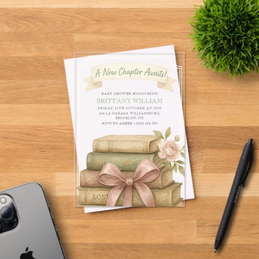 新しいチャプター待ちピンクボウ赤ちゃんシャワー アクリル招待状 (インサイチュ (招待状))