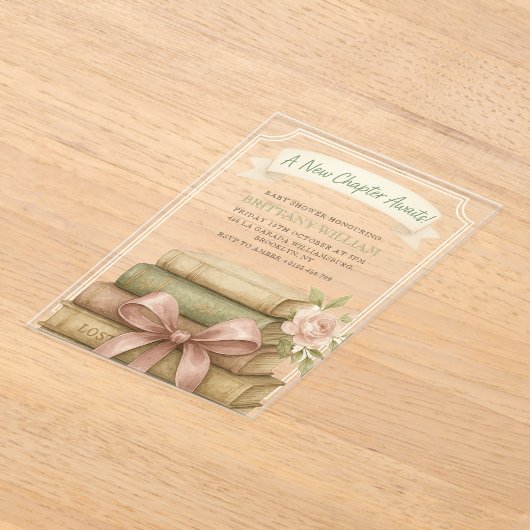 新しいチャプター待ちピンクボウ赤ちゃんシャワー アクリル招待状 (レイダウン)