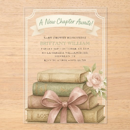 新しいチャプター待ちピンクボウ赤ちゃんシャワー アクリル招待状 (正面)