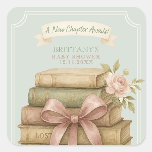 新しいチャプター待ちピンクボウ赤ちゃんシャワー スクエアシール (正面)