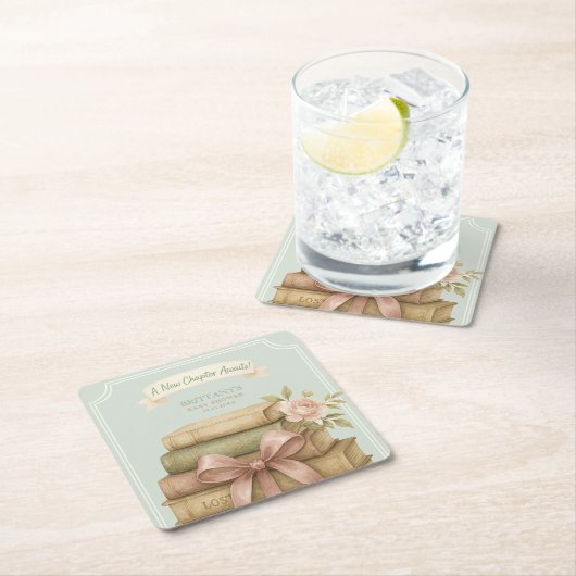 新しいチャプター待ちピンクボウ赤ちゃんシャワー スクエアペーパーコースター (インサイチュ)