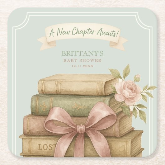 新しいチャプター待ちピンクボウ赤ちゃんシャワー スクエアペーパーコースター (正面)