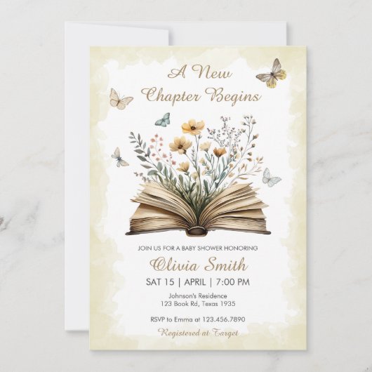 新しいチャプター男女兼用の赤ちゃんシャワーをストーリーブック 招待状 (正面)