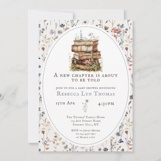 新しいチャプター赤ちゃんシャワー水色、ワイルドフラワー 招待状 (正面)