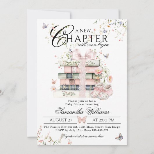 新しいチャプター開始フローラボウ本ベビーガールシャワー 招待状 (正面)