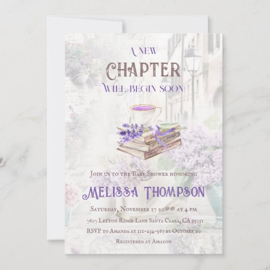 新しいチャプター開始ラベンダーティーブランチ赤ちゃんシャワー 招待状 (正面)