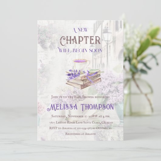 新しいチャプター開始ラベンダーティーブランチ赤ちゃんシャワー 招待状 (スタンド正面)
