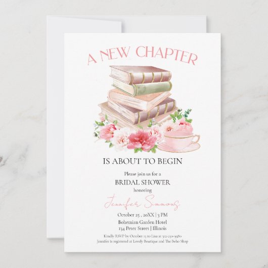 新しいチャプタ | 茶&ブックスウォーターカラーブライダルシャワー 招待状 (正面)