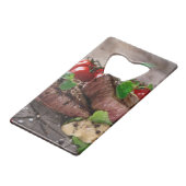 新しいハーブおよびトマトが付いている焼かれたbbqのステーキ クレジットカード栓抜き (正面アングル)