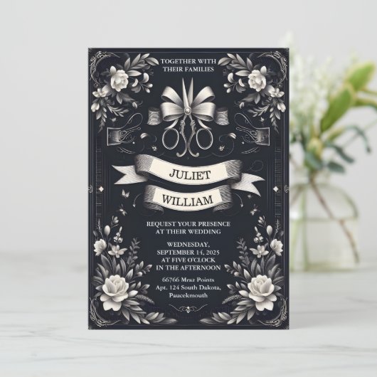 新しいバナーがサテンシックリボンカッティング結婚ズを弓 招待状 (スタンド正面)