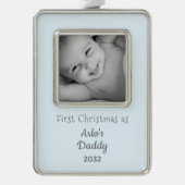 新しいパパ初めてのクリスマスをパパとして男の赤ちゃん写真 シルバープレートフレームオーナメント (正面)