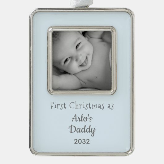 新しいパパ初めてのクリスマスをパパとして男の赤ちゃん写真 シルバープレートフレームオーナメント (正面)