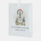 新しいパーソナライズされたホームの初めてのクリスマス ガラスオーナメント (正面左)