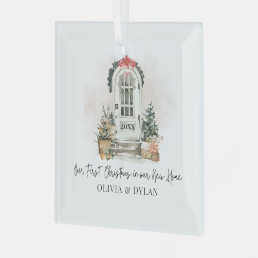 新しいパーソナライズされたホームの初めてのクリスマス ガラスオーナメント (正面左)