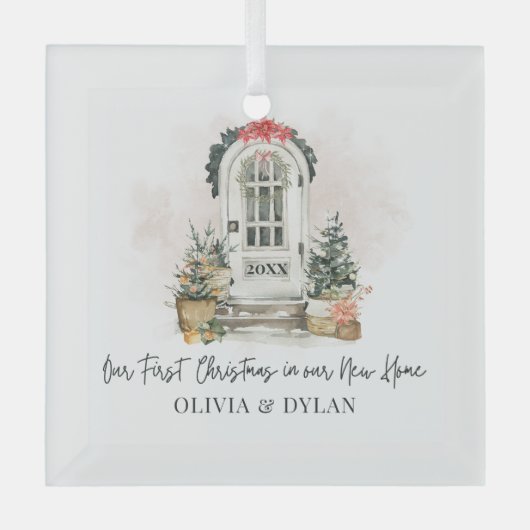 新しいパーソナライズされたホームの初めてのクリスマス ガラスオーナメント (正面)