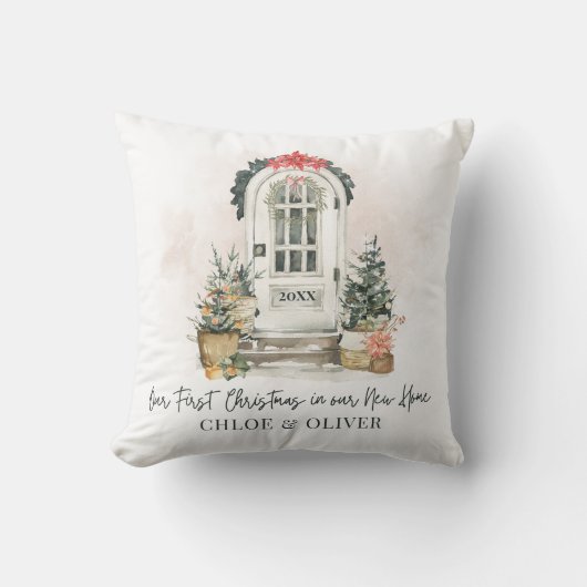 新しいパーソナライズされたホーム初めてのクリスマスの水彩 クッション (正面)