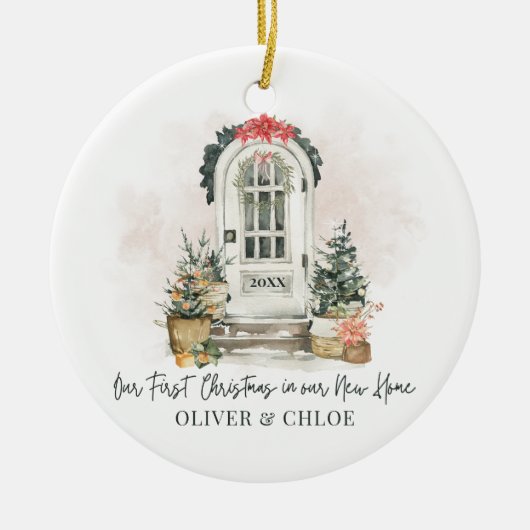新しいパーソナライズされたホーム初めてのクリスマスの水彩 セラミックオーナメント (正面)