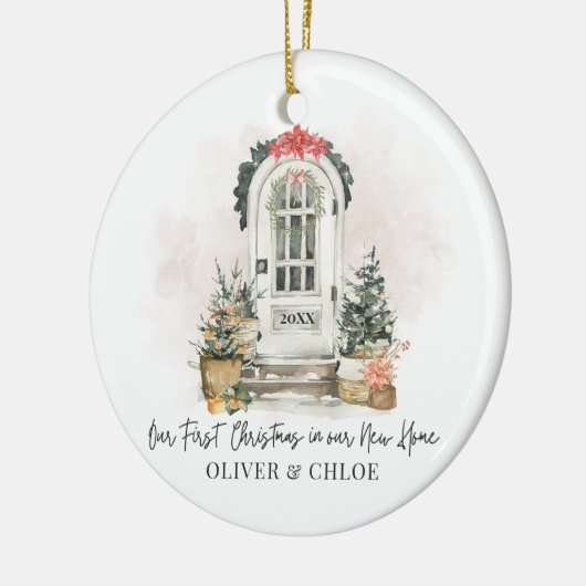 新しいパーソナライズされたホーム初めてのクリスマスの水彩 セラミックオーナメント (左)