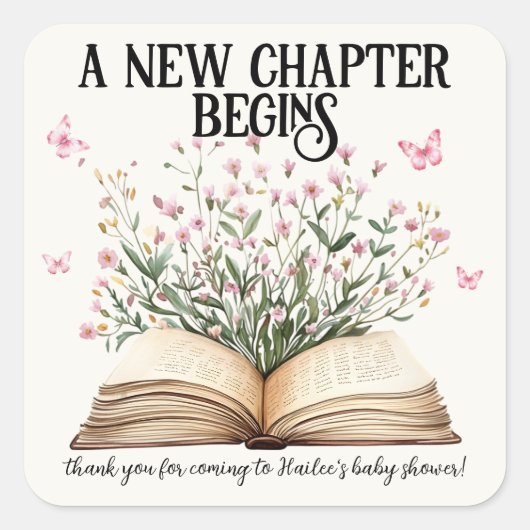 新しいパーソナライズされた章が始まる本の赤ちゃんシャワー スクエアシール (正面)