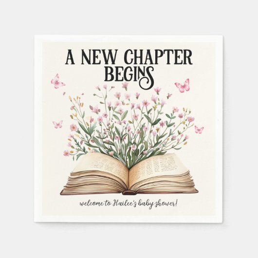 新しいパーソナライズされた章が始まる本の赤ちゃんシャワー スタンダードカクテルナプキン (正面)