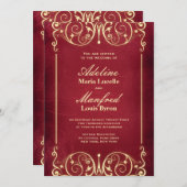 新しいビクトリアン:ヴィンテージレッドと金ゴールド結婚ズ 招待状 (正面/裏面)
