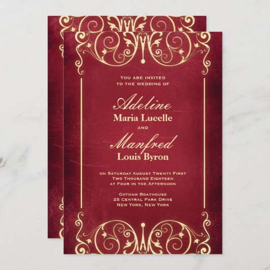 新しいビクトリアン:ヴィンテージレッドと金ゴールド結婚ズ 招待状 (正面/裏面)
