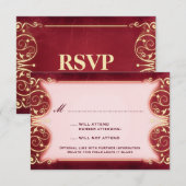 新しいビクトリアン:赤と金ゴールドのRSVP 出欠カード (正面/裏面)