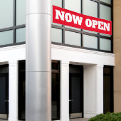 新しいビジネスを今すぐ開く赤い白の大きな屋外看板 横断幕 (ビルの外側)