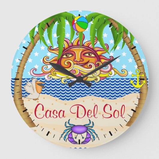 新しいビーチの日曜日の海の柱時計- SRF ラージ壁時計 (正面)