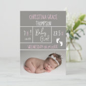 新しいピンク誕生統計ベビーガール誕生のお知らせ 案内状 (スタンド正面)