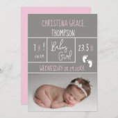 新しいピンク誕生統計ベビーガール誕生のお知らせ 案内状 (正面/裏面)