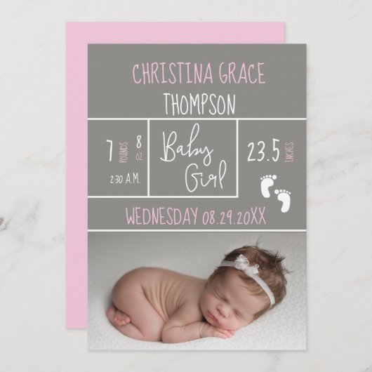 新しいピンク誕生統計ベビーガール誕生のお知らせ 案内状 (正面/裏面)