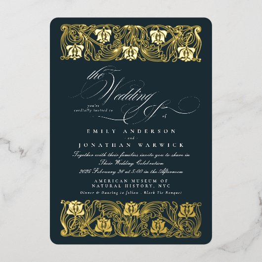 新しいフォーマル書道エレガントクラシック金ゴールド 箔招待状 (正面)