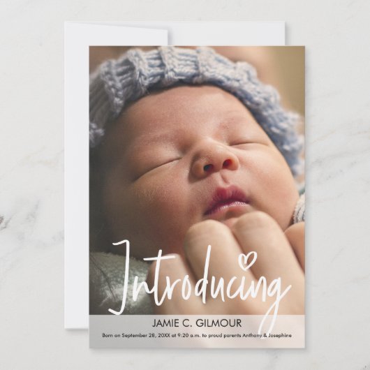 新しいベビーのモダンスクリプトカスタムフォトを紹介します サンキューカード (正面)