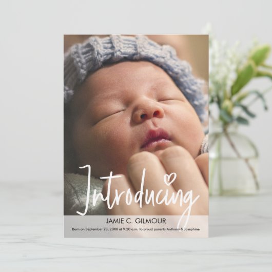 新しいベビーのモダンスクリプトカスタムフォトを紹介します サンキューカード (スタンド正面)