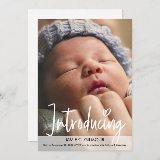 新しいベビーのモダンスクリプトカスタムフォトを紹介します サンキューカード (正面/裏面)