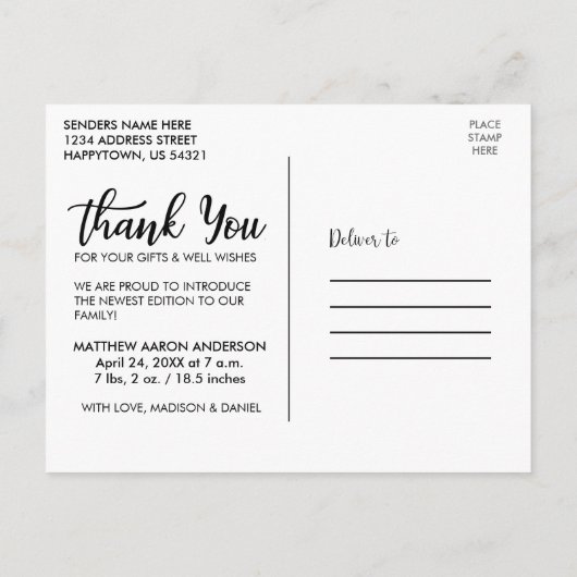新しいベビー 現代風 お礼 黒 ポストカード (裏面)
