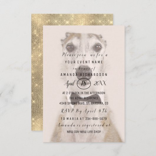 新しいペットの犬の写真 ゴールド セピア スパーク シンプル 招待状 (正面/裏面)